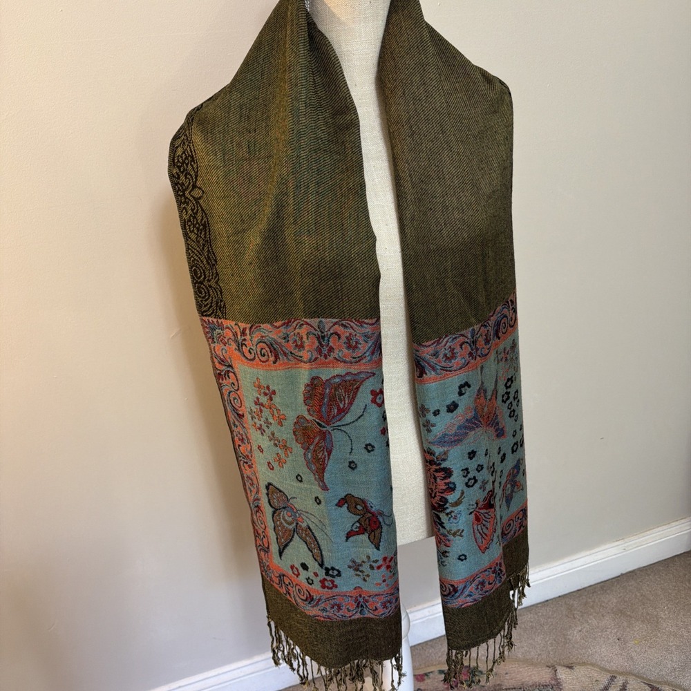 Women's Teal & Olive Green Shawl Scarf Wrap Woven With Butterflies
